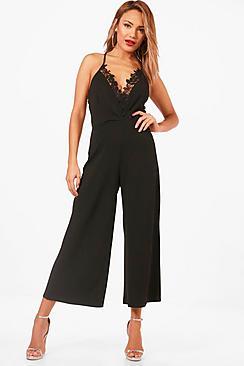 Boohoo Lucia Deep Plunge Crochet Trim Culotte Jumpsuit