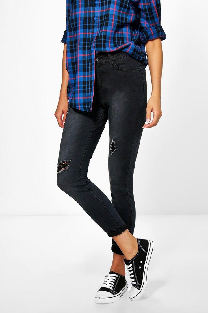 Boohoo Carly High Rise Distressed Skinny Jeans Black