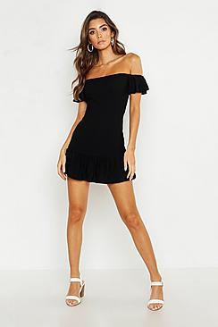 Boohoo Off Shoulder Frill Hem Shirred Bodycon Dress