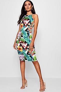 Boohoo Petite Pagan Tropical Print Bodycon Dress