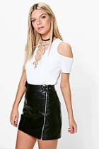 Boohoo Mandy Lace Up Rib Cold Shoulder T-shirt