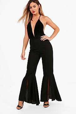 Boohoo Petite Dipped Hem Flared Woven Trousers