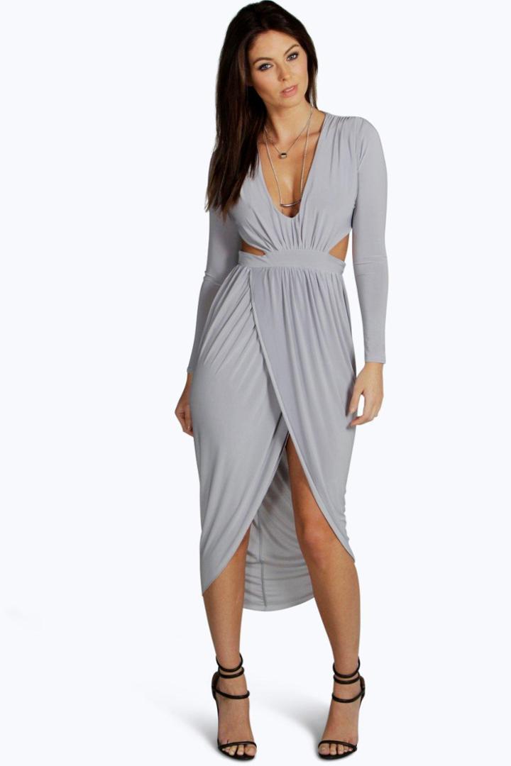 Boohoo Silvia Cut Out Wrap Midi Dress Silver