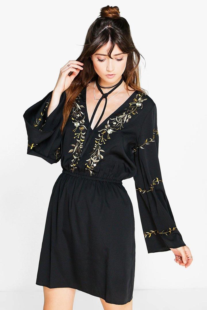 Boohoo Thea Embroidered Flared Sleeve Skater Dress Black