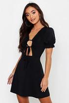 Boohoo Petite Rib Ruched Front Puff Sleeve Skater Dress