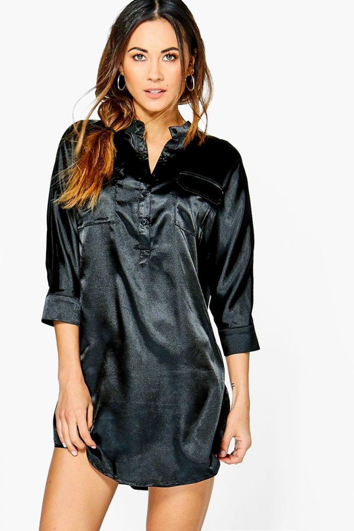 Boohoo Lyla Utility Satin Shirt Dress Black