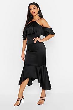Boohoo Strappy Ruffle Satin Midi Dress