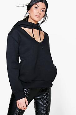 Boohoo Heather Choker Detail Hooded Sweatshirt