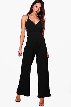 Boohoo Petite Jenny Tie Waist Wide Leg Jumpsuit