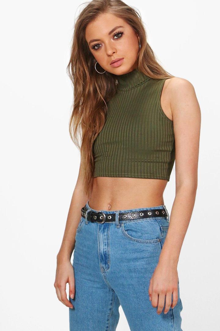 Boohoo Anna Ribbed Crop Roll Neck Khaki