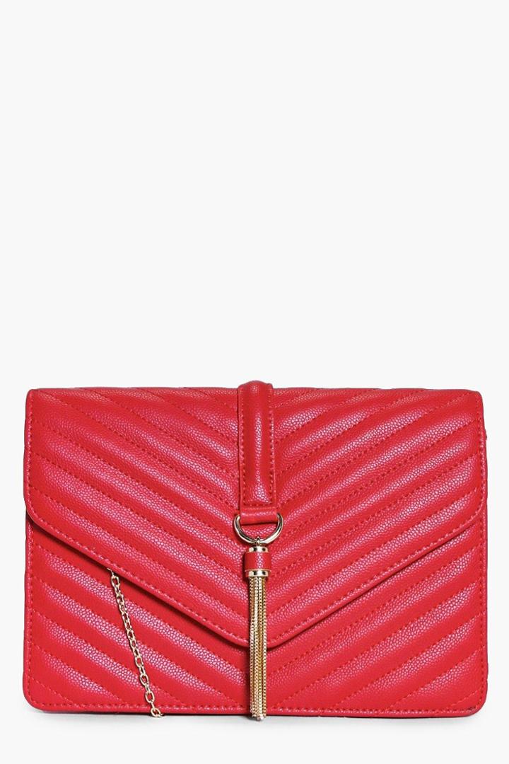 Boohoo Rose Quilted Tassel Trim Cross Body Bag Red