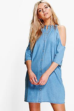Boohoo Longline Cold Shoulder Denim Shirt Dress
