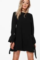 Boohoo Jamie D-ring Tie Sleeve Swing Dress Black