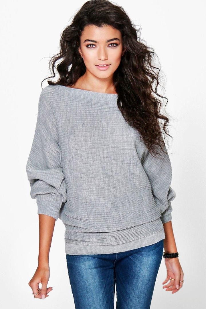 Boohoo Amelia Oversized Rib Knit Batwing Jumper Silver