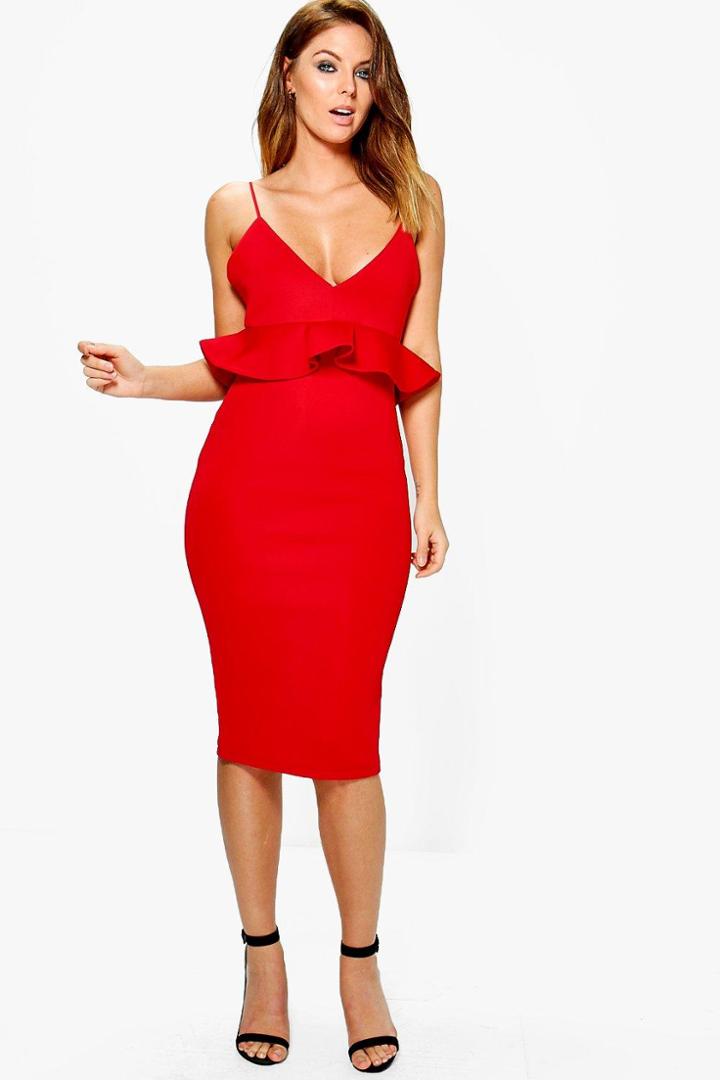 Boohoo Larsa Bonded Scuba Peplum Waist Midi Dress Red