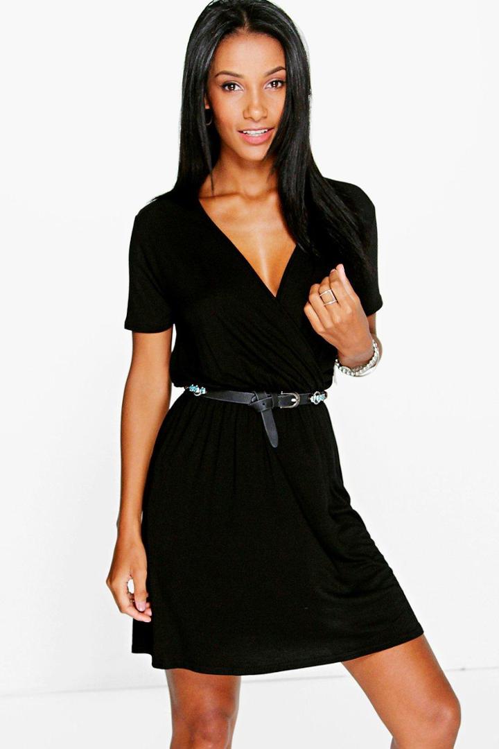 Boohoo Jessie Cap Sleeve Wrap Skater Dress Black