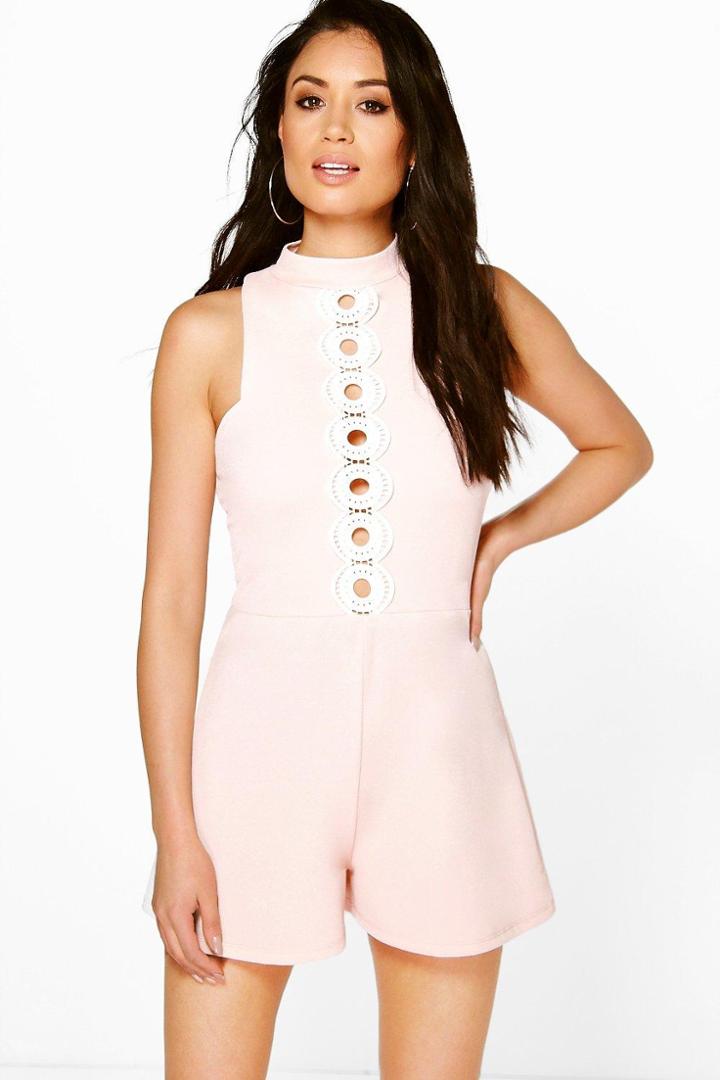 Boohoo Anna Crochet Trim Playsuit Nude