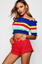 Boohoo Hallie Rainbow Stripe Ruffle Bardot Crop Jumper