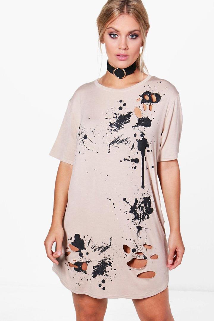 Boohoo Plus Violet Bleach Splash Tear T-shirt Dress Stone
