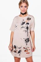 Boohoo Plus Violet Bleach Splash Tear T-shirt Dress Stone