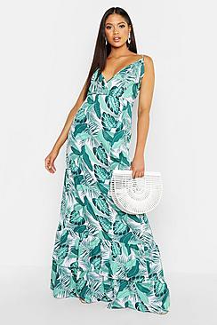 Boohoo Tall Palm Print Ruffle Hem Maxi Dress