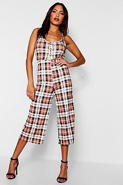 Boohoo Horn Button Detail Check Cullotte Jumpsuit
