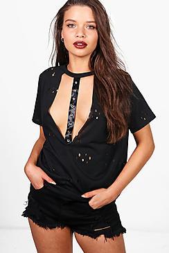 Boohoo Nadia Distressed Deep Plunge Harness Detail Tee