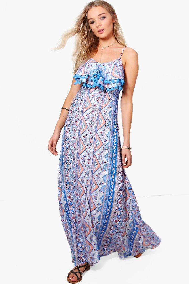 Boohoo Bianca Paisley Split Front Tassle Maxi Dress Blue