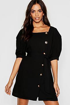 Boohoo Button Front Tie Waist Shift Dress