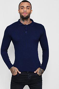 Boohoo Muscle Fit Ribbed Long Sleeve Polo