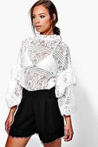 Boohoo Mia Lace Ruffle Sleeve Tie Neck Oversize Blouse