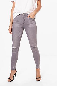 Boohoo Kelly High Rise Distressed Hem Skinny Jeans