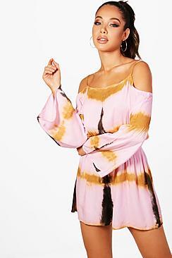 Boohoo Faye Tie Dye Cold Shoulder Beach Playsuit