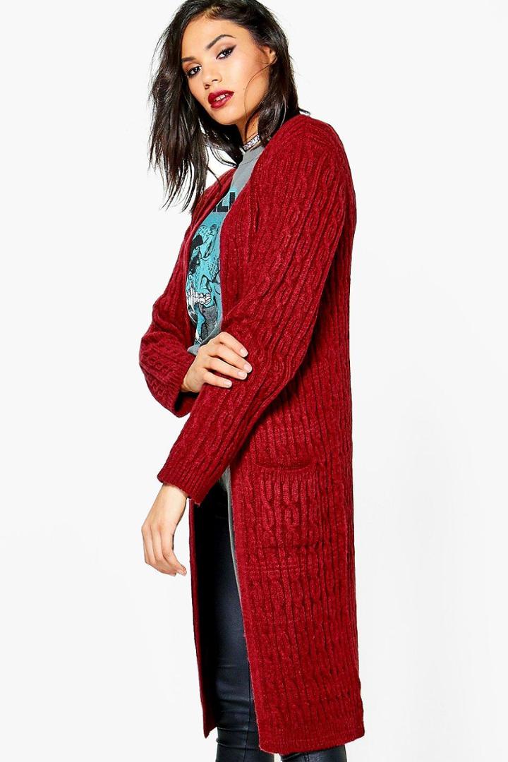 Boohoo Jess Soft Knit Marl Cable Cardigan Wine