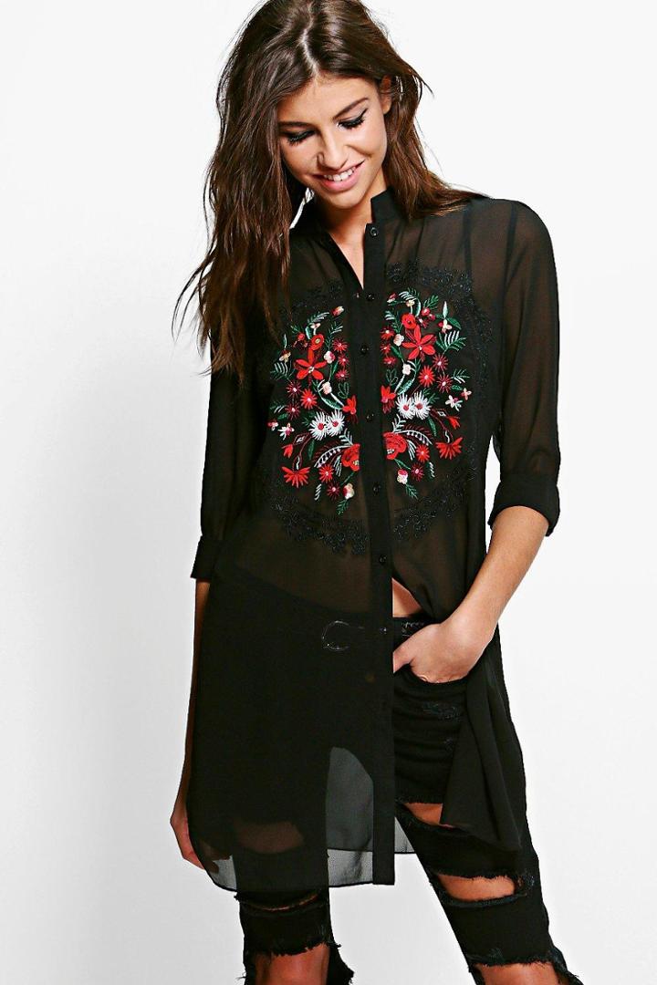 Boohoo Lillian Longline Embroidered Shirt Black