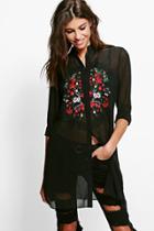 Boohoo Lillian Longline Embroidered Shirt Black