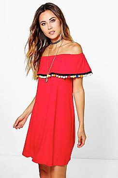 Boohoo Hayley Off The Shoulder Pom Pom Shift Dress