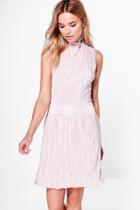 Boohoo Tilda High Neck Pleated Skater Dress Coral