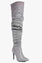Boohoo Rose Ruched Pointed Over The Knee Boot Grey
