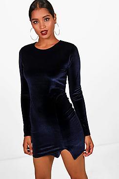 Boohoo Tia Velvet Long Sleeve Split Detail Bodycon Dress