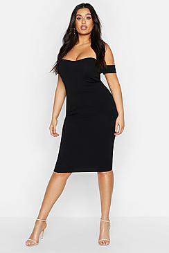 Boohoo Plus Slinky Curved Hem Off Shoulder Dress