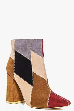 Boohoo Faye Patch Work Faux Suede Block Heel Boot