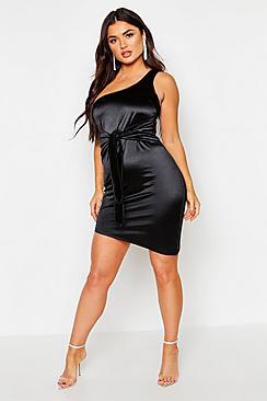 Boohoo Satin One Shoulder Tie Waist Mini Dress