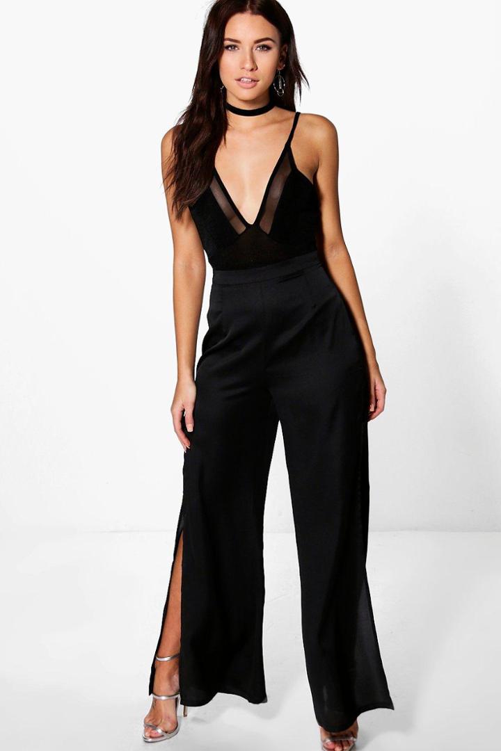 Boohoo Neave Satin Side Split Wide Leg Trousers Black