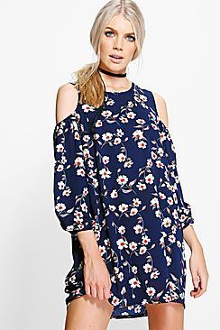 Boohoo Alexandria Floral Cold Shoulder Shift Dress