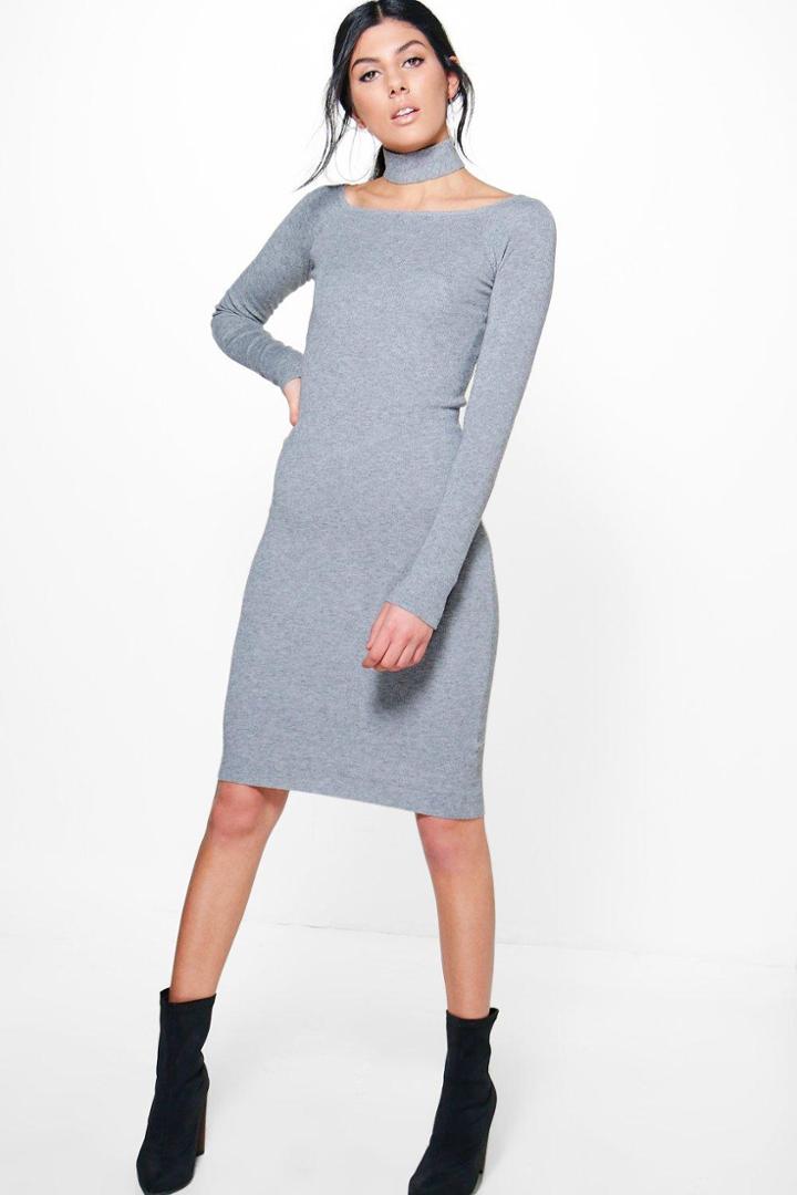 Boohoo Fabienne Choker Detail Knitted Dress Grey