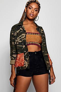 Boohoo Fiona Metallic Tassel Camo Festival Jacket