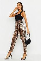 Boohoo Satin Print Tie Waist Slim Fit Trousers