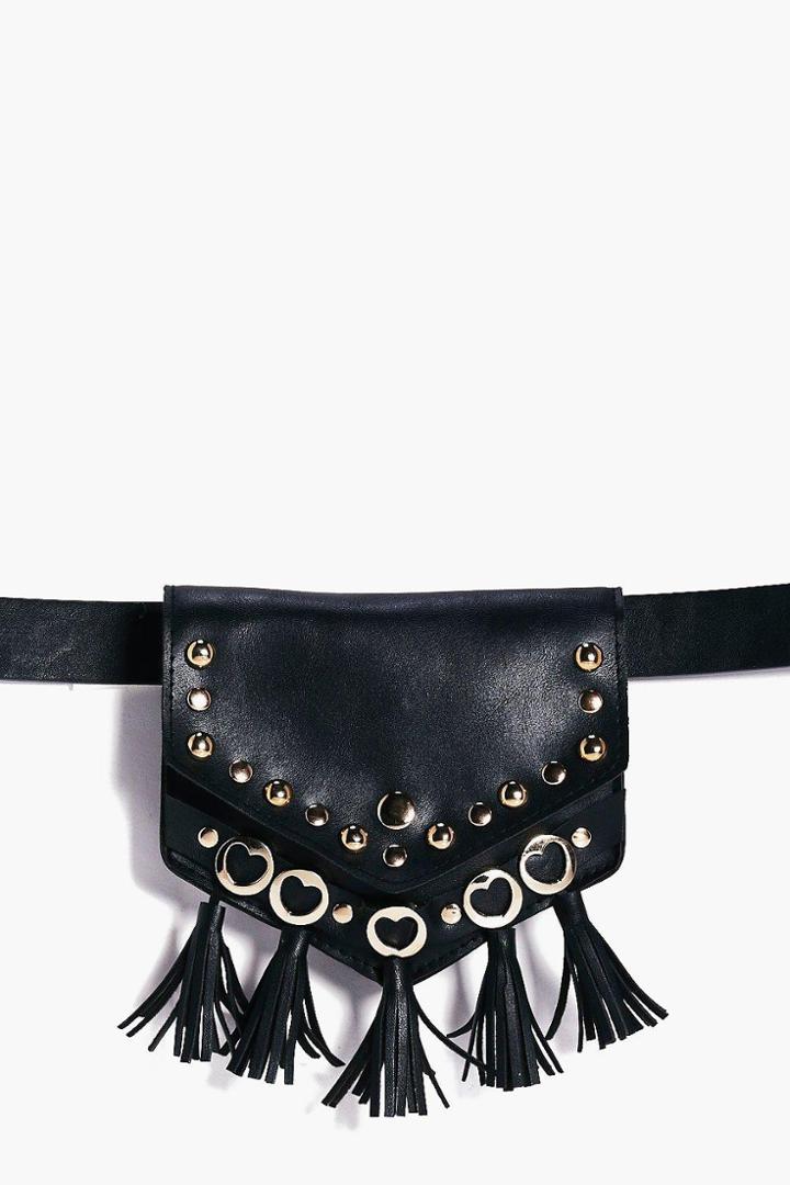Boohoo Saskia Stud & Fringe Belt Bumbag Black