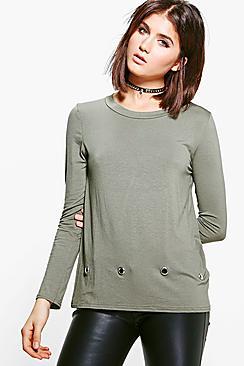 Boohoo Elizabeth Eyelet Detail Trim Long Sleeve Top